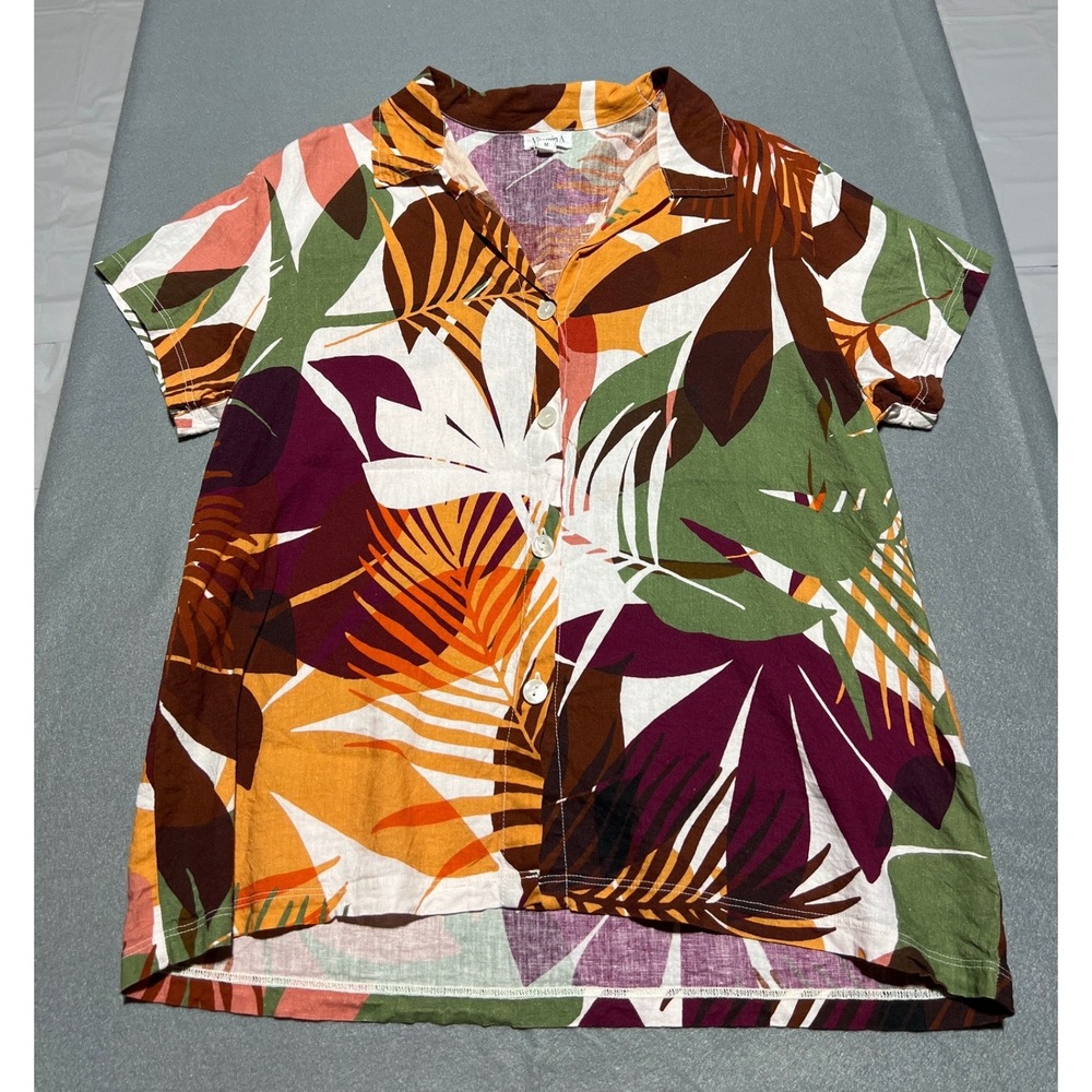 Vitamin A Womens Tropical Leaf Linen Blend Button Down Shirt Multicolor Size M